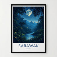 Sarawak Poster - Malaysia Travel Art - Moonlit Jungle River Home Decor