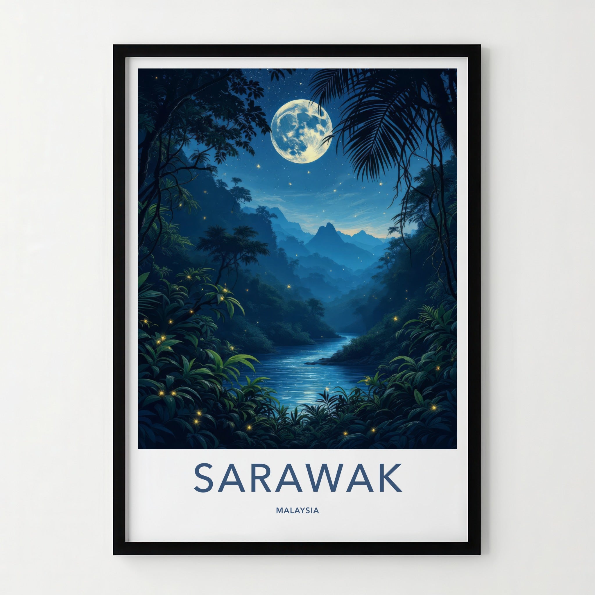 Sarawak Poster - Malaysia Travel Art - Moonlit Jungle River Home Decor