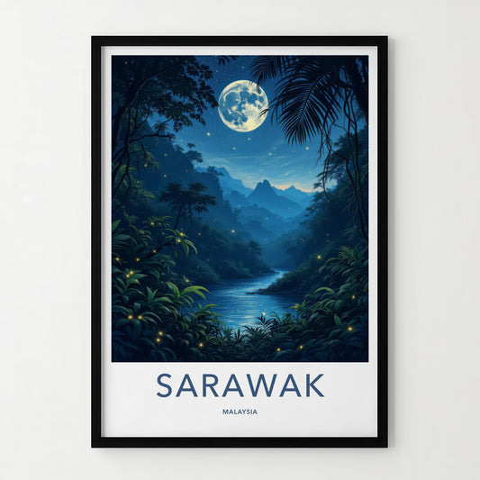 Sarawak Poster - Malaysia Travel Art - Moonlit Jungle River Home Decor