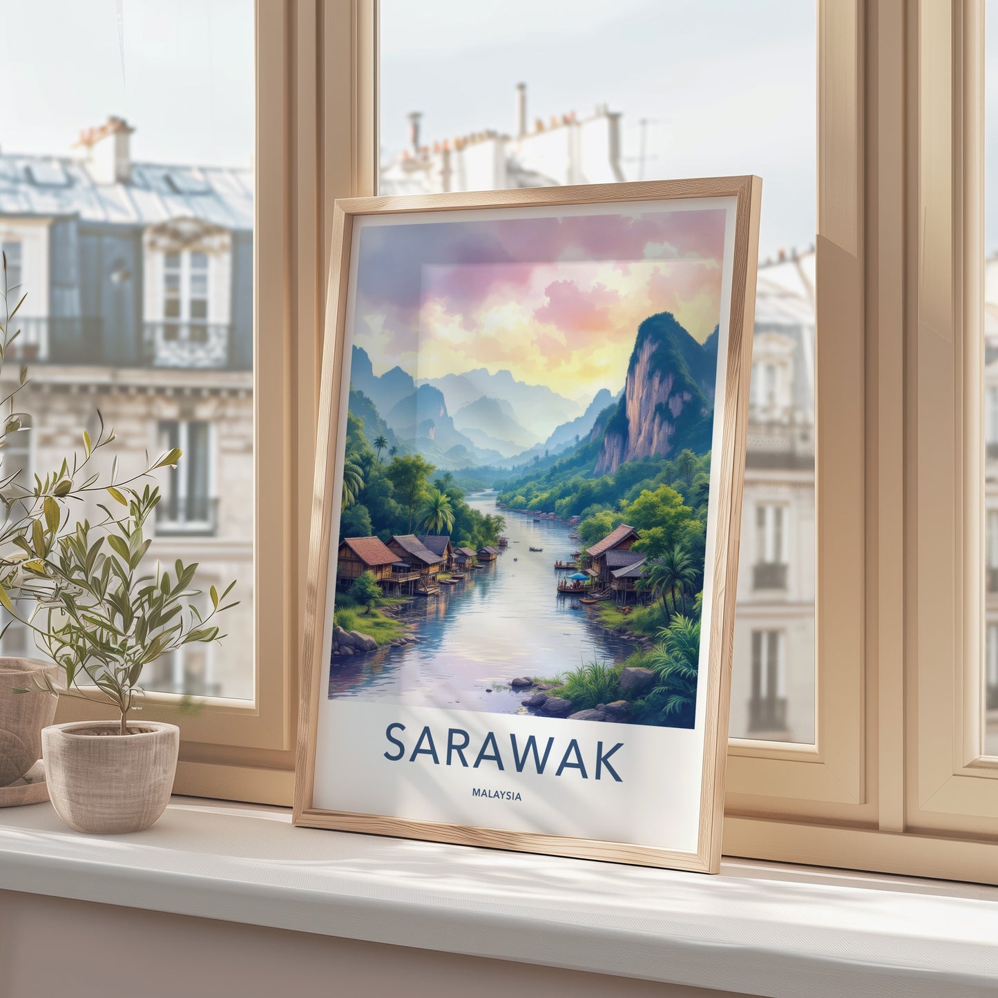 Sarawak Poster - Malaysia Travel Art - River Stilt Village Home Decor