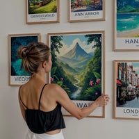 Sarawak Poster - Malaysia Travel Art - Towering Mountain Winding River Home Decor