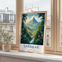 Sarawak Poster - Malaysia Travel Art - Towering Mountain Winding River Home Decor