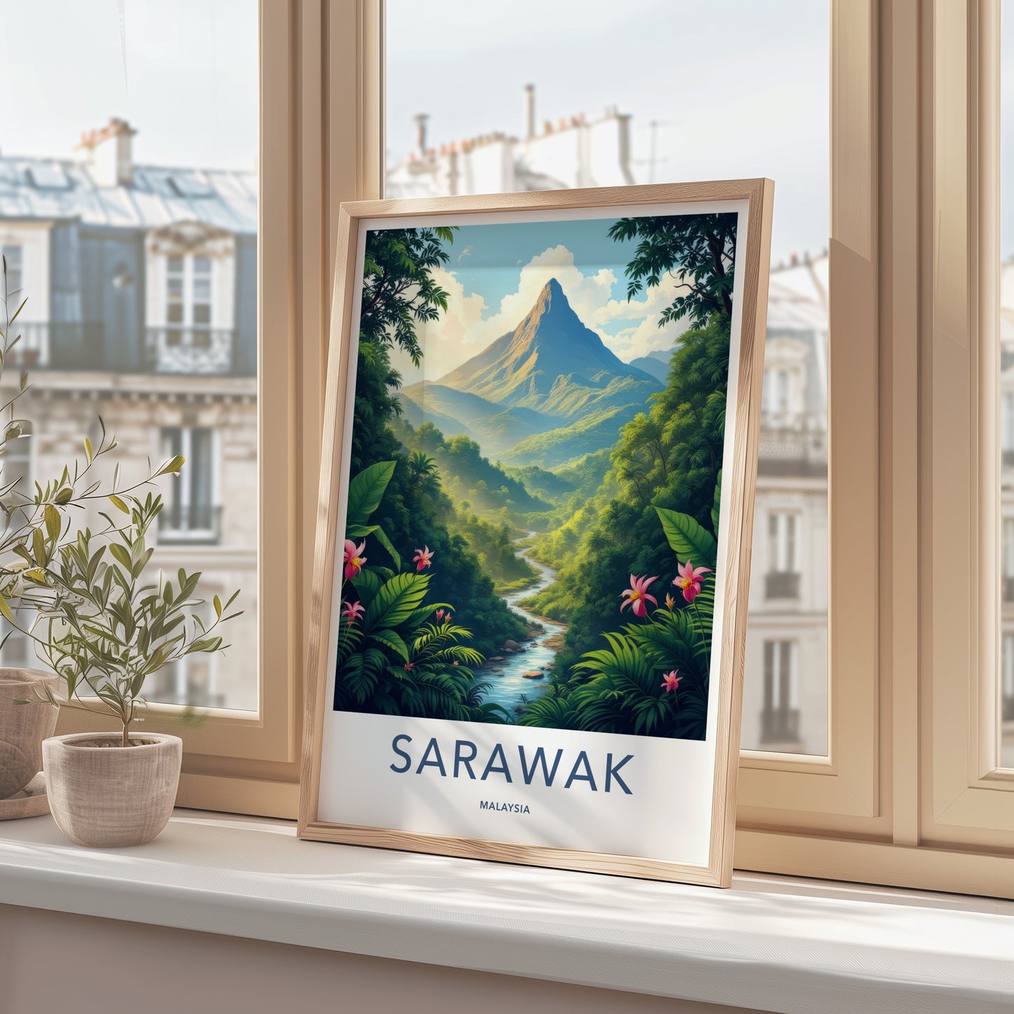 Sarawak Poster - Malaysia Travel Art - Towering Mountain Winding River Home Decor