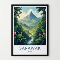 Sarawak Poster - Malaysia Travel Art - Towering Mountain Winding River Home Decor