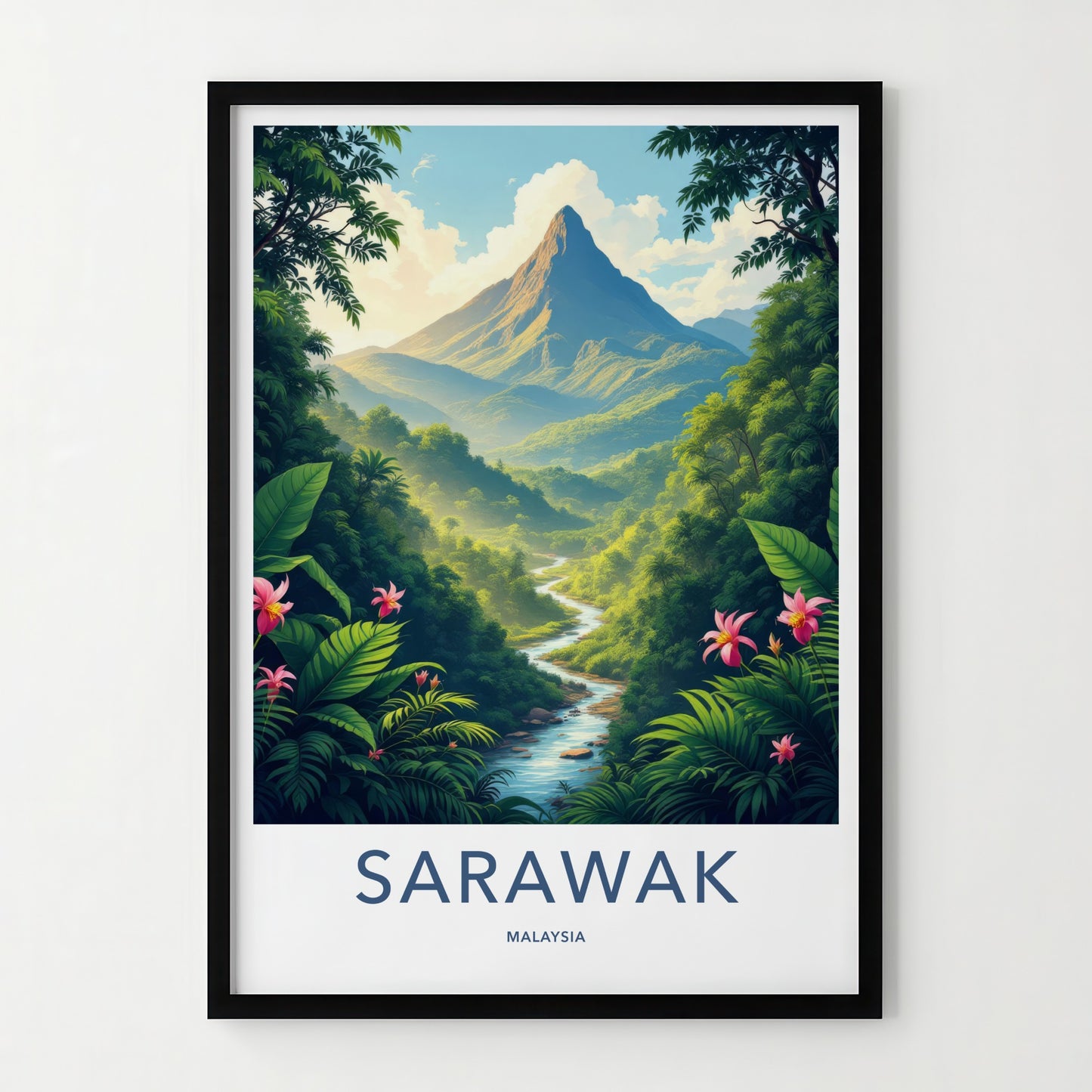 Sarawak Poster - Malaysia Travel Art - Towering Mountain Winding River Home Decor