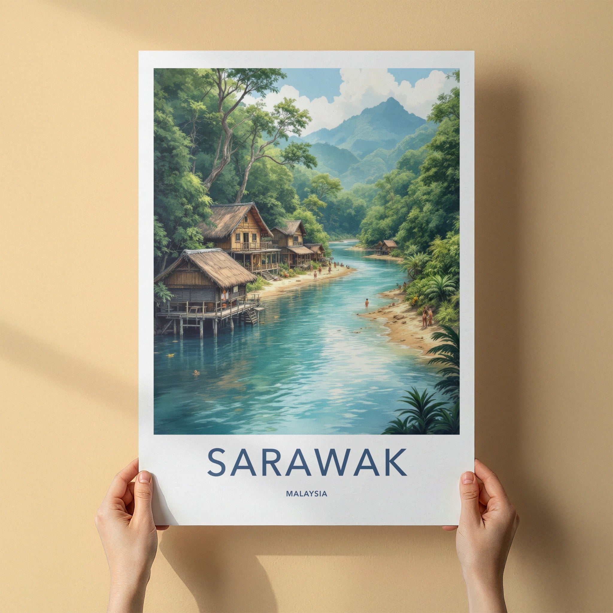 Sarawak Poster - Malaysia Travel Art - Tropical River Village Home Decor