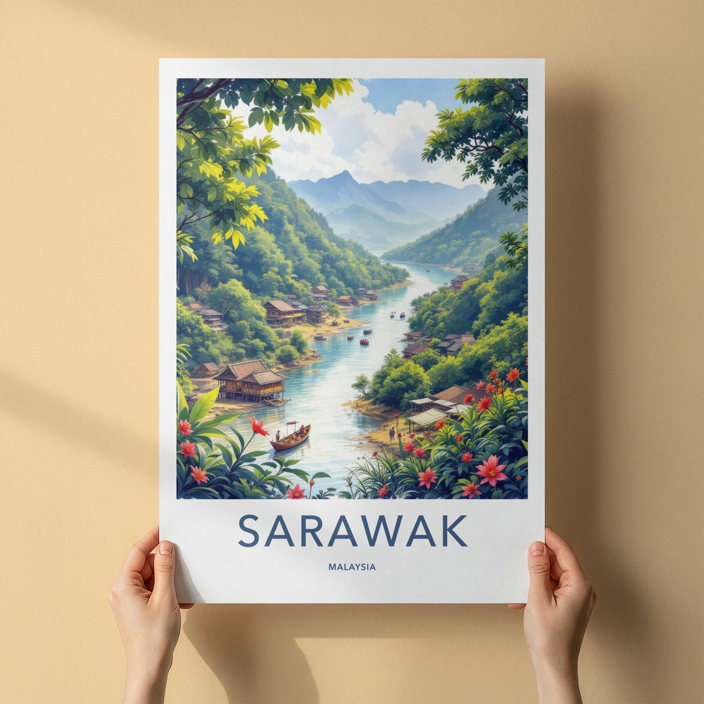 Sarawak Poster - Malaysia Travel Print - Lush River Village Lounge Decor