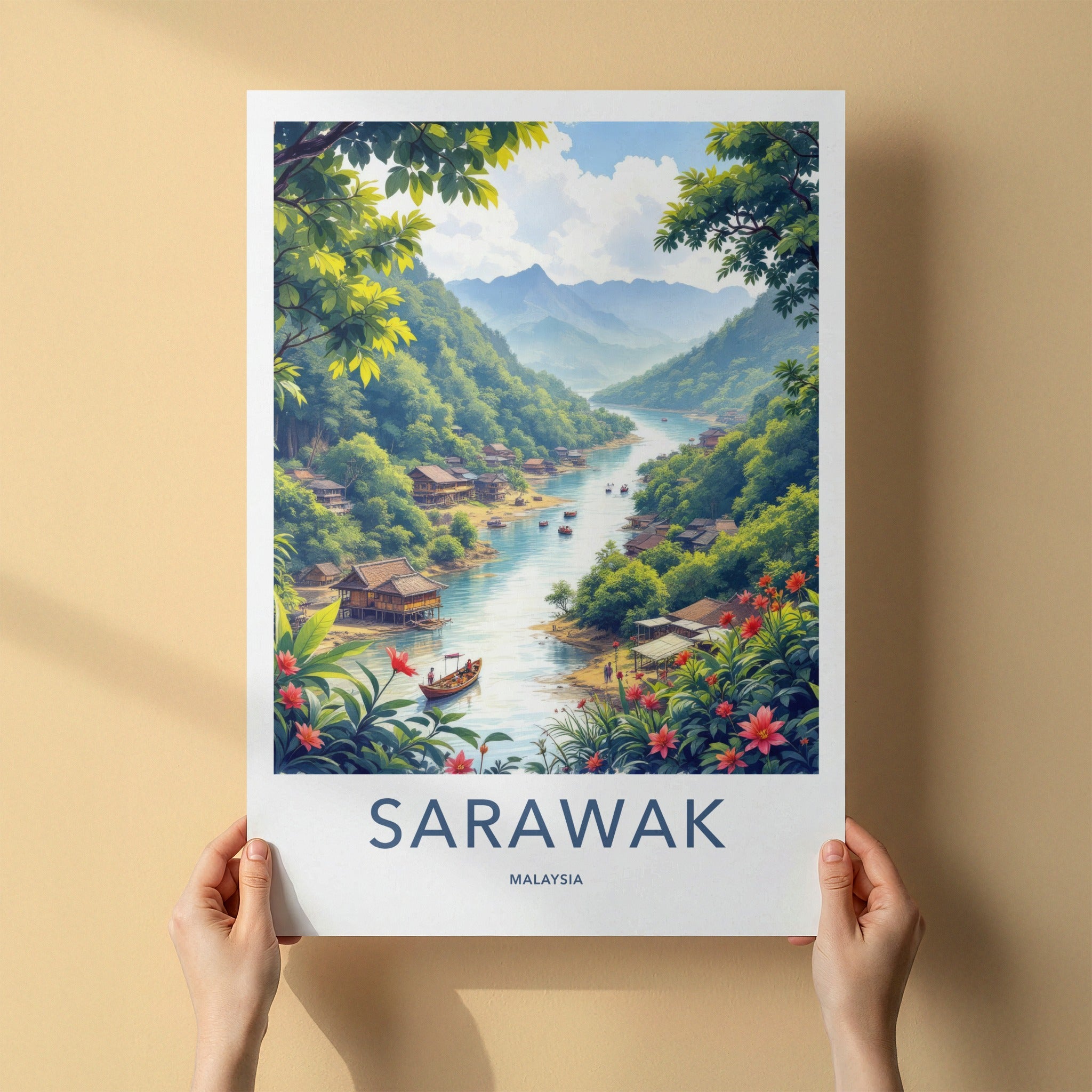 Sarawak Poster - Malaysia Travel Print - Lush River Village Lounge Decor