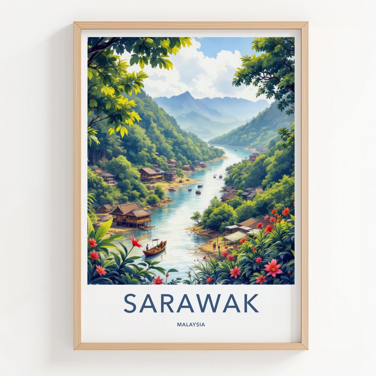 Sarawak Poster - Malaysia Travel Print - Lush River Village Lounge Decor
