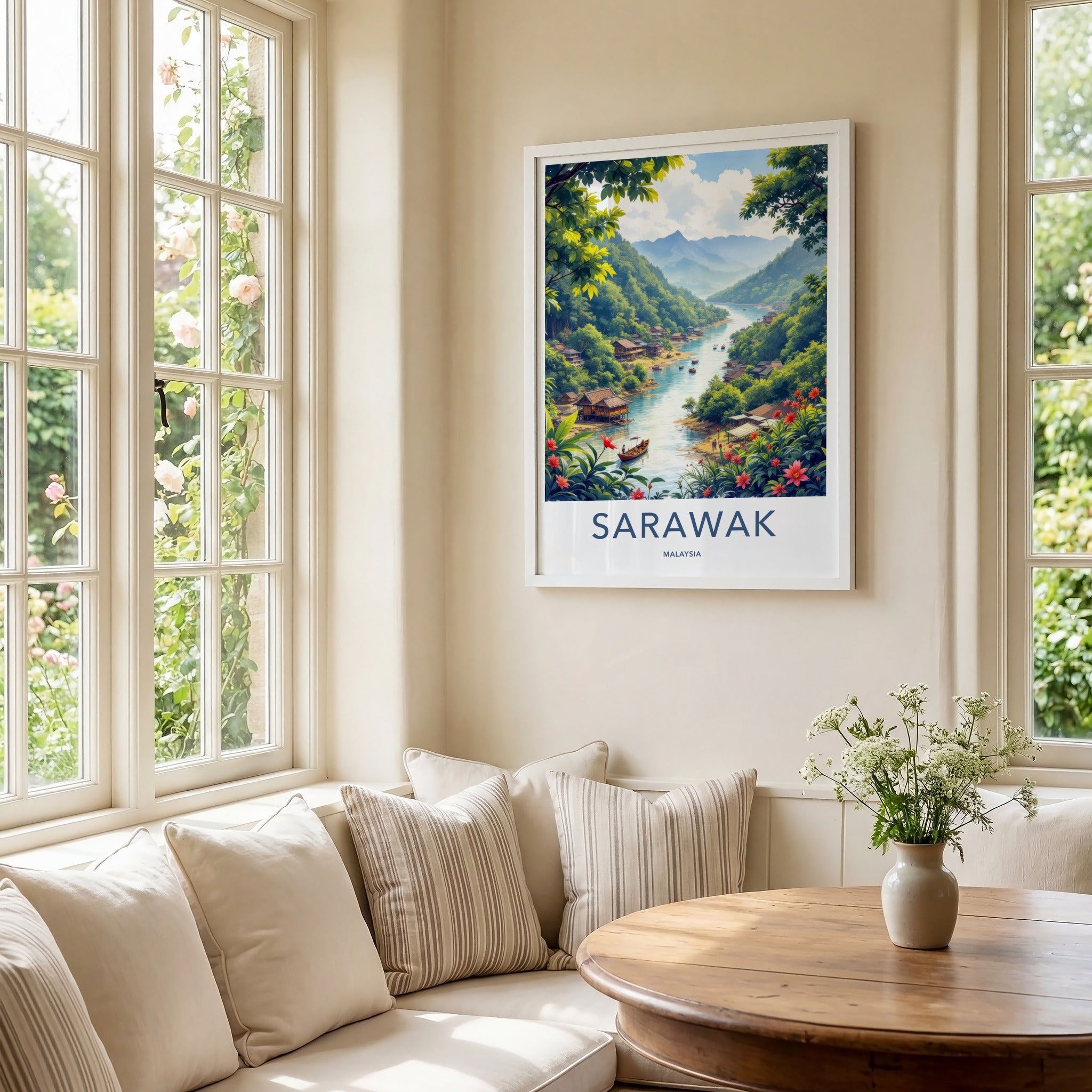 Sarawak Poster - Malaysia Travel Print - Lush River Village Lounge Decor