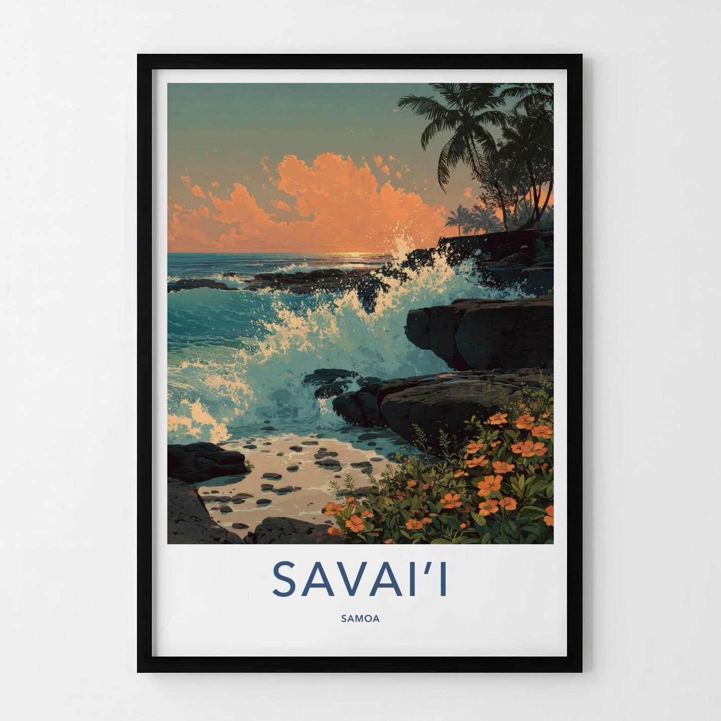 Savaii Poster - Samoa Travel Art - Crashing Waves Sunset Home Decor