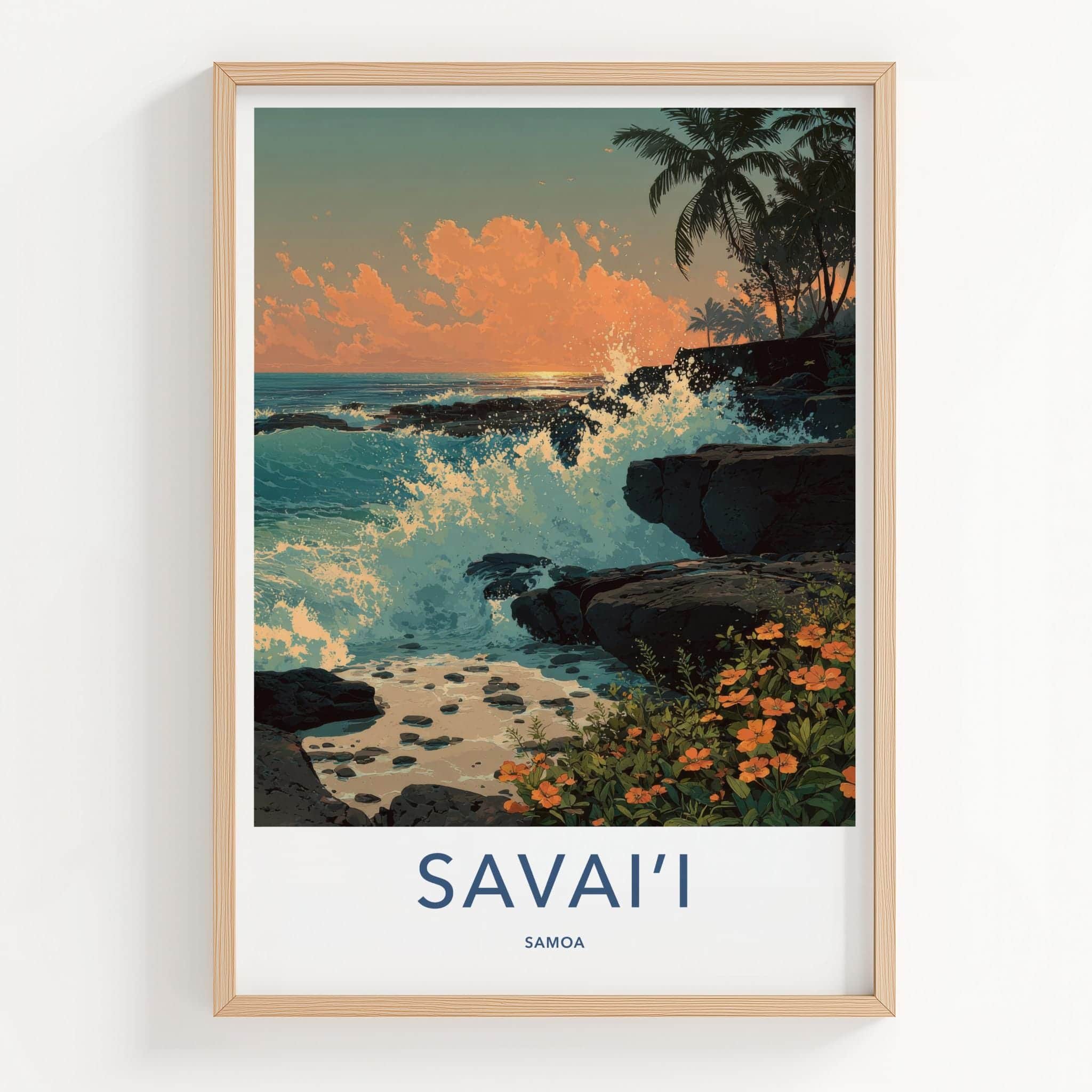 Savaii Poster - Samoa Travel Art - Crashing Waves Sunset Home Decor