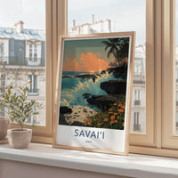 Savaii Poster - Samoa Travel Art - Crashing Waves Sunset Home Decor