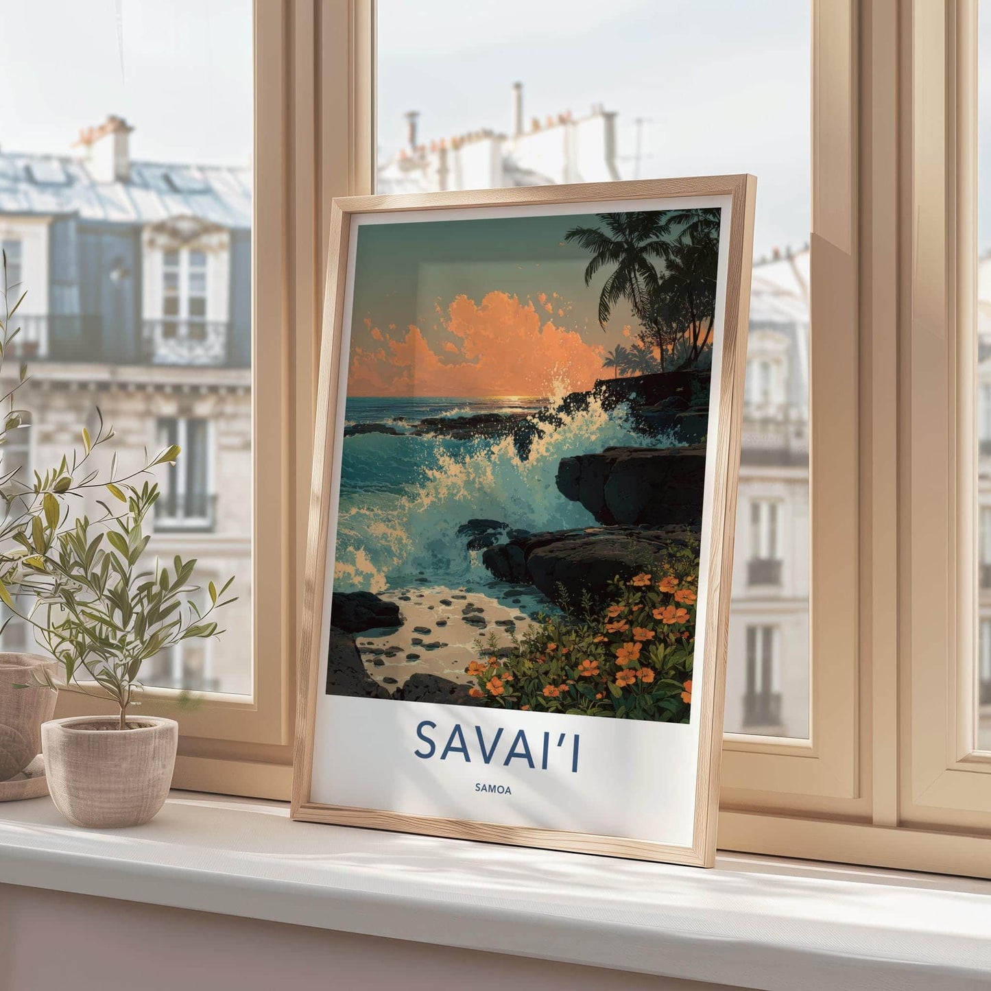 Savaii Poster - Samoa Travel Art - Crashing Waves Sunset Home Decor