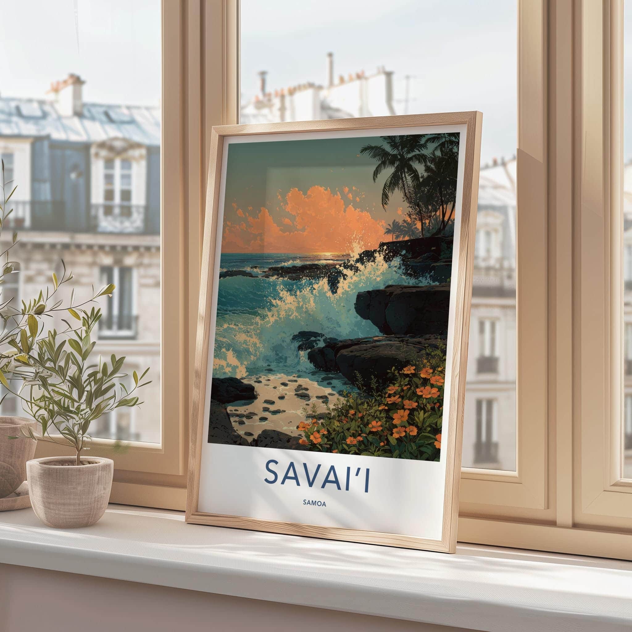 Savaii Poster - Samoa Travel Art - Crashing Waves Sunset Home Decor