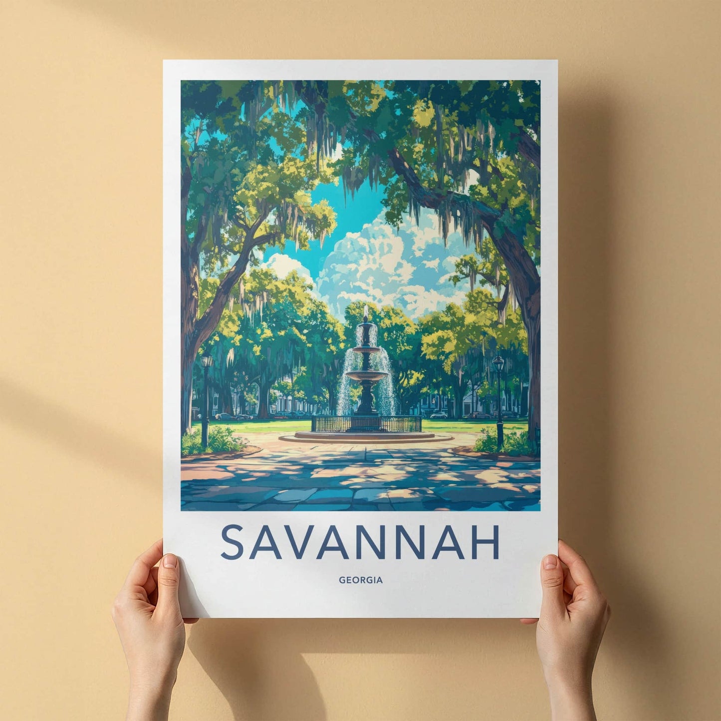 Savannah Poster - Georgia Travel Art - Mossy Park Fountain Home Decor