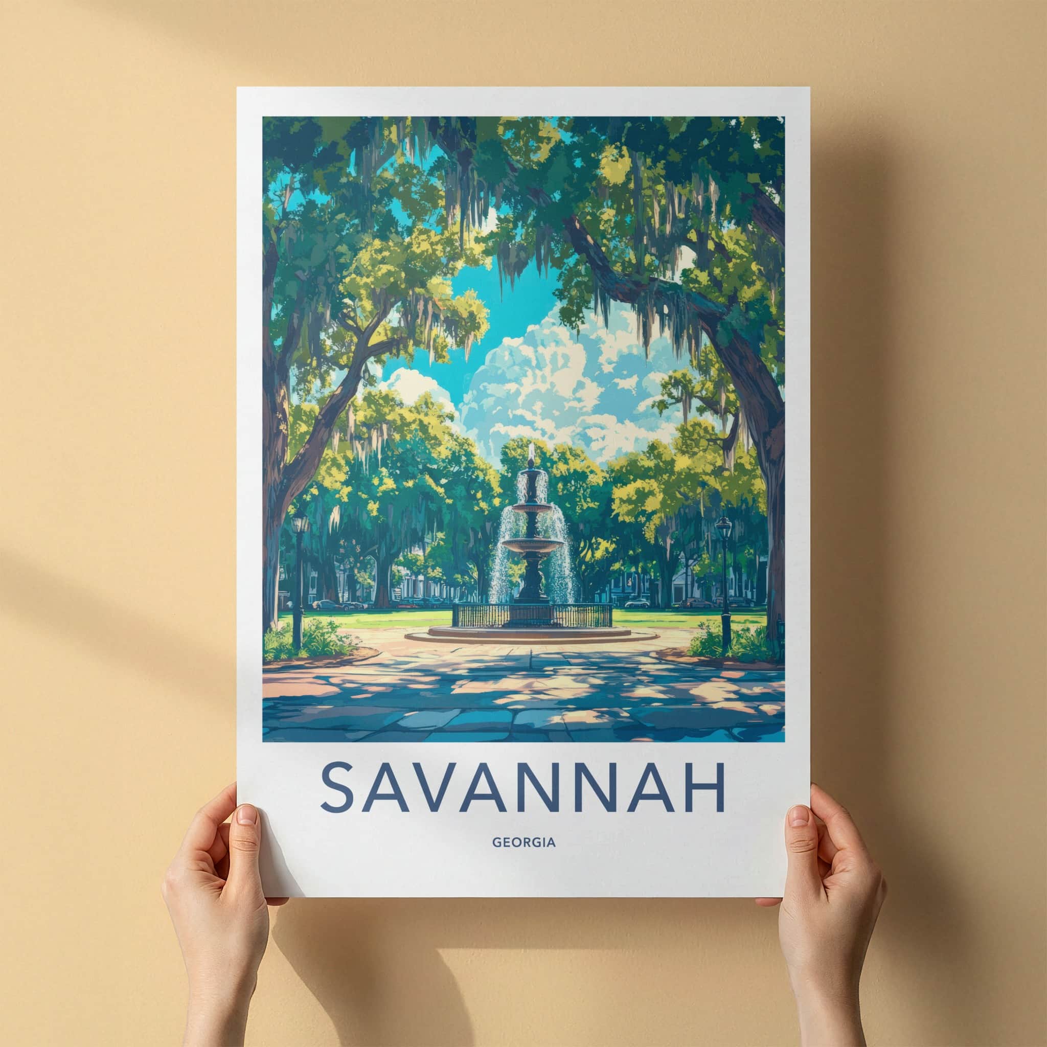 Savannah Poster - Georgia Travel Art - Mossy Park Fountain Home Decor