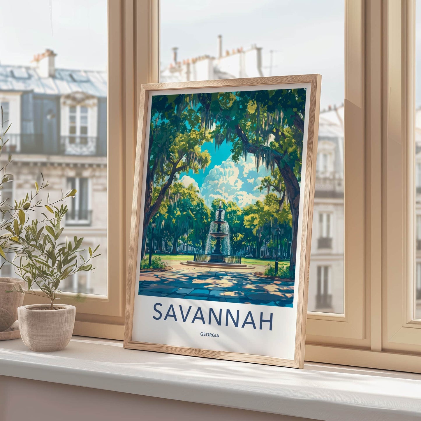 Savannah Poster - Georgia Travel Art - Mossy Park Fountain Home Decor