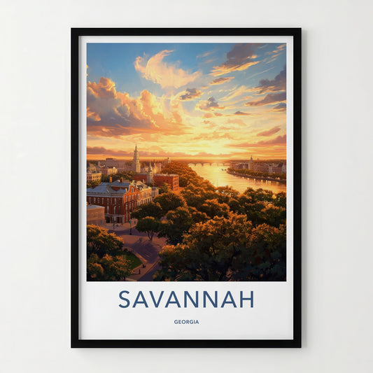 Savannah Poster - Georgia Travel Art - Riverfront Sunset Glow Home Decor