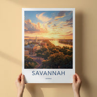 Savannah Poster - Georgia Travel Art - Riverfront Sunset Glow Home Decor