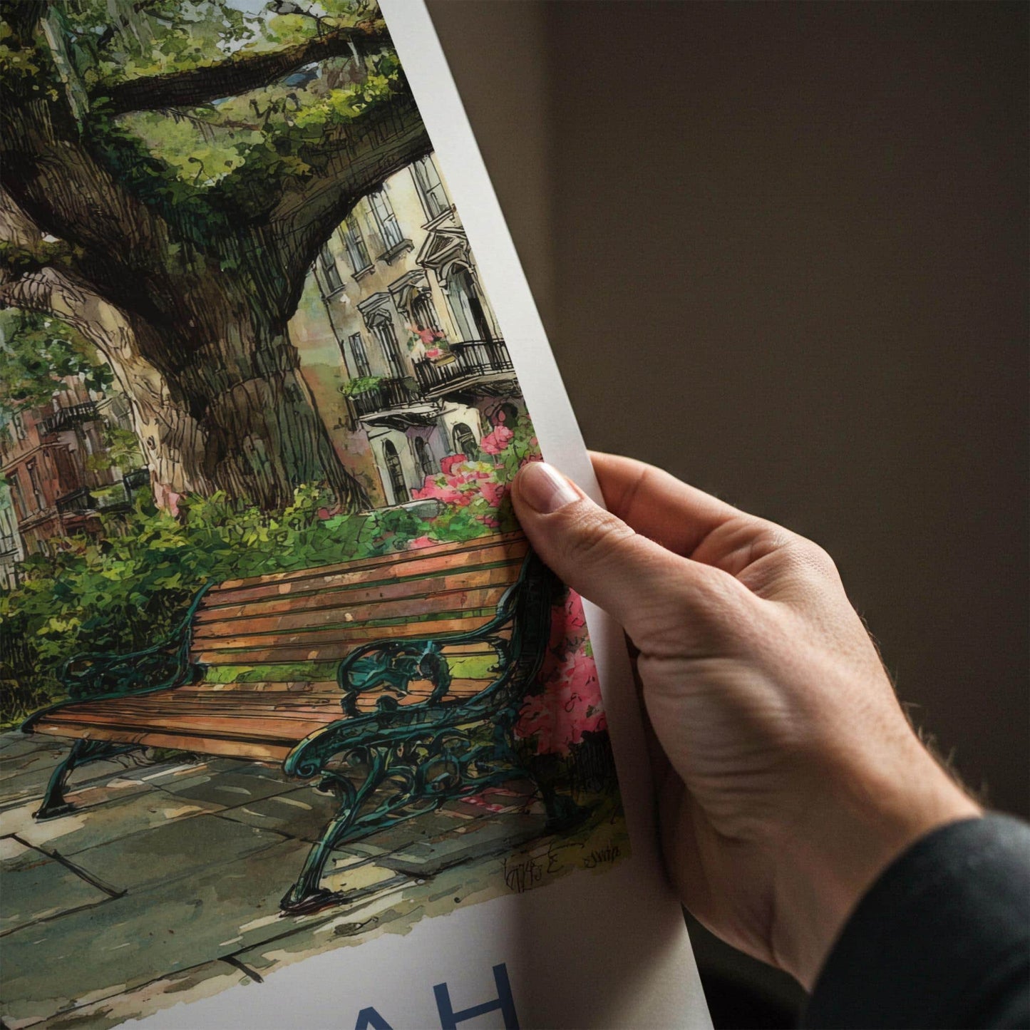 Savannah Poster - Georgia Travel Print - Shaded Pathway Bench Lounge Decor