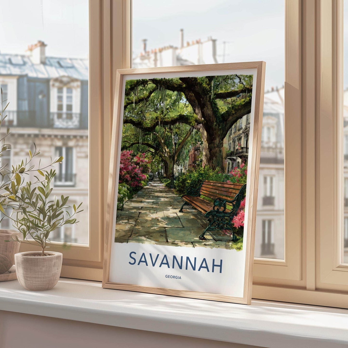 Savannah Poster - Georgia Travel Print - Shaded Pathway Bench Lounge Decor
