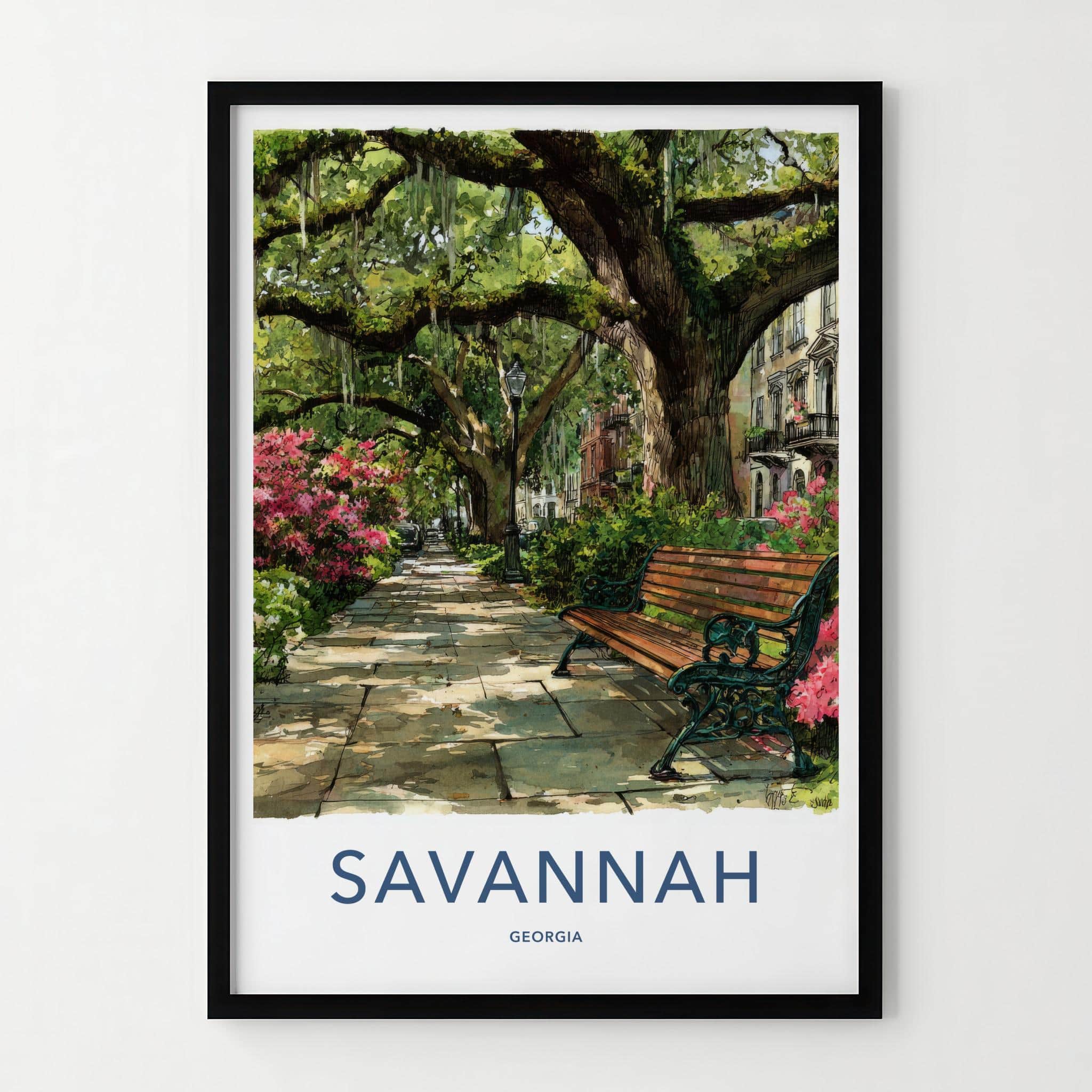 Savannah Poster - Georgia Travel Print - Shaded Pathway Bench Lounge Decor