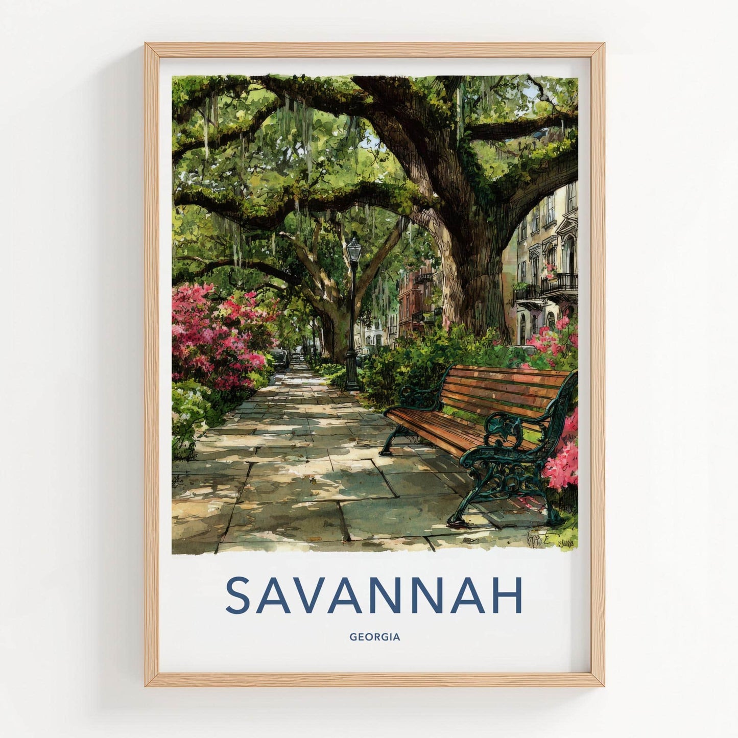 Savannah Poster - Georgia Travel Print - Shaded Pathway Bench Lounge Decor