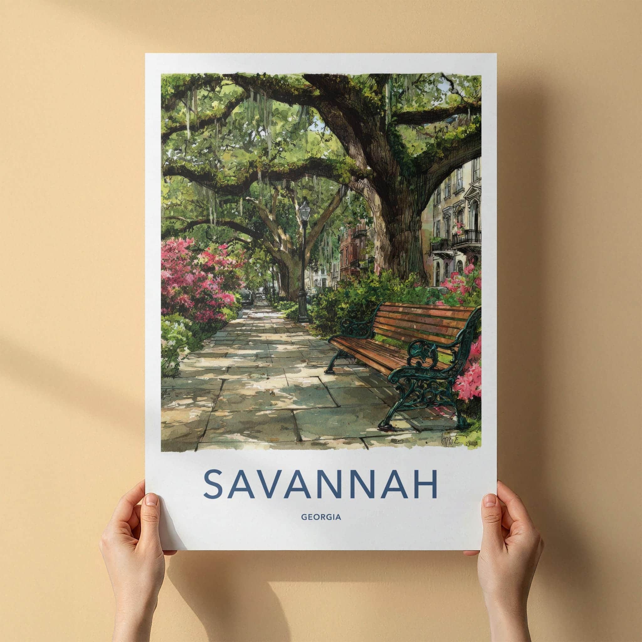 Savannah Poster - Georgia Travel Print - Shaded Pathway Bench Lounge Decor