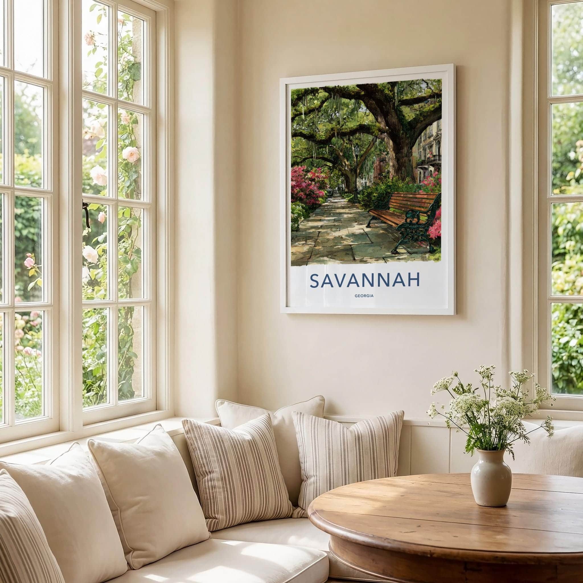 Savannah Poster - Georgia Travel Print - Shaded Pathway Bench Lounge Decor