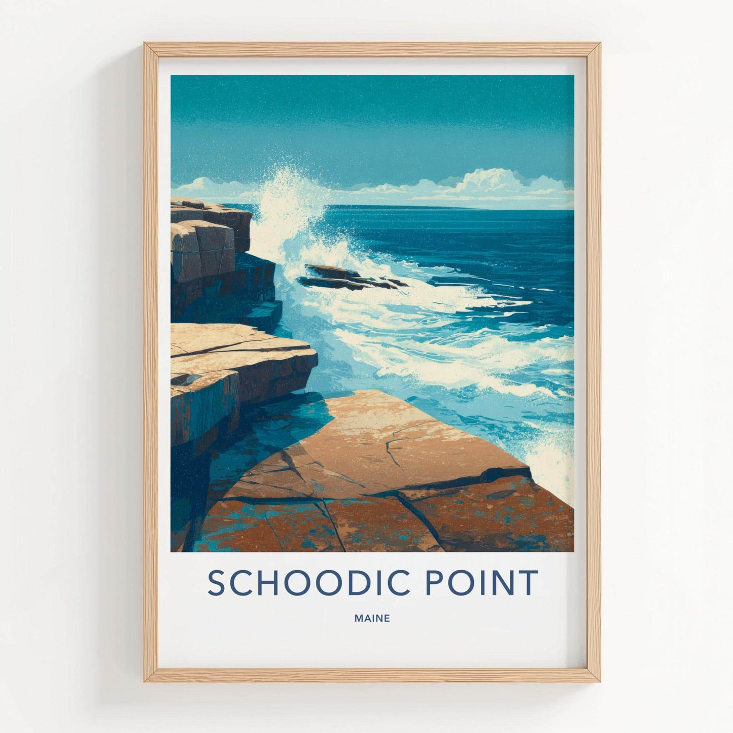 Schoodic Point Poster - Maine Travel Art - Crashing Ocean Waves Wall Decor