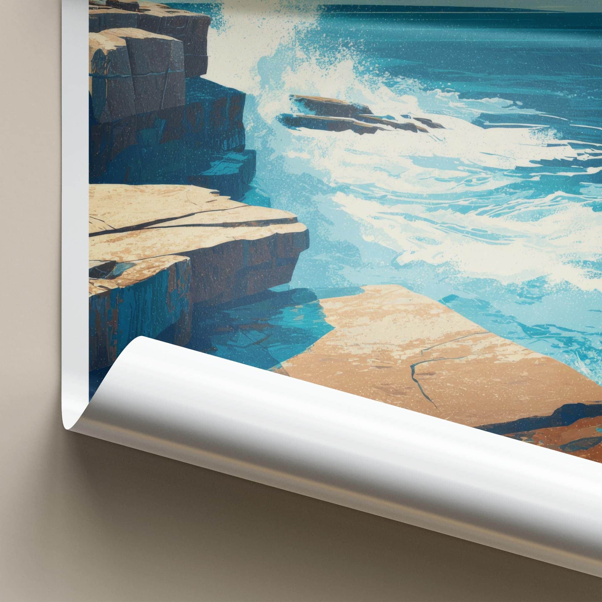 Schoodic Point Poster - Maine Travel Art - Crashing Ocean Waves Wall Decor
