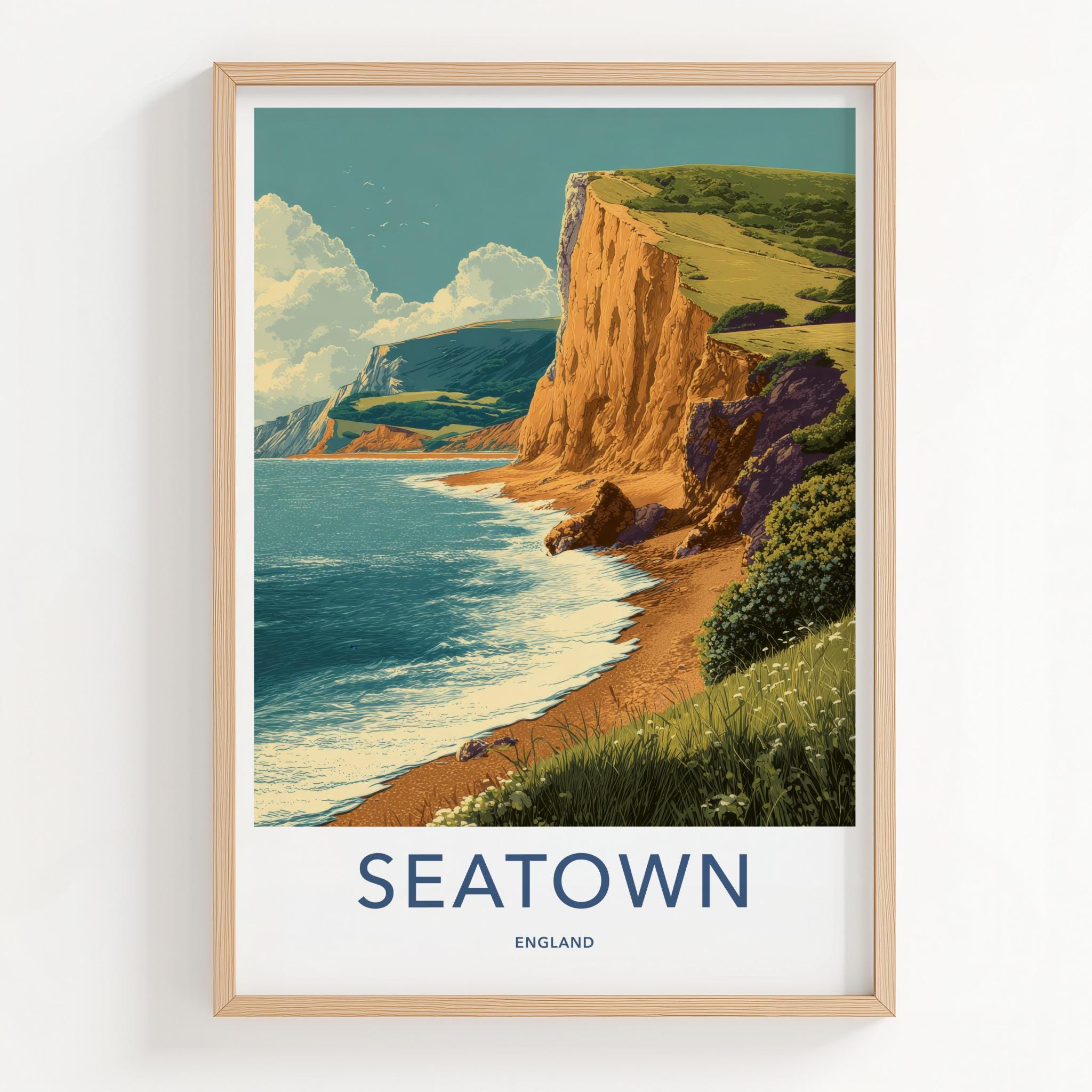 Seatown Poster - England Travel Print - Coastal Cliff Beach Lounge Decor