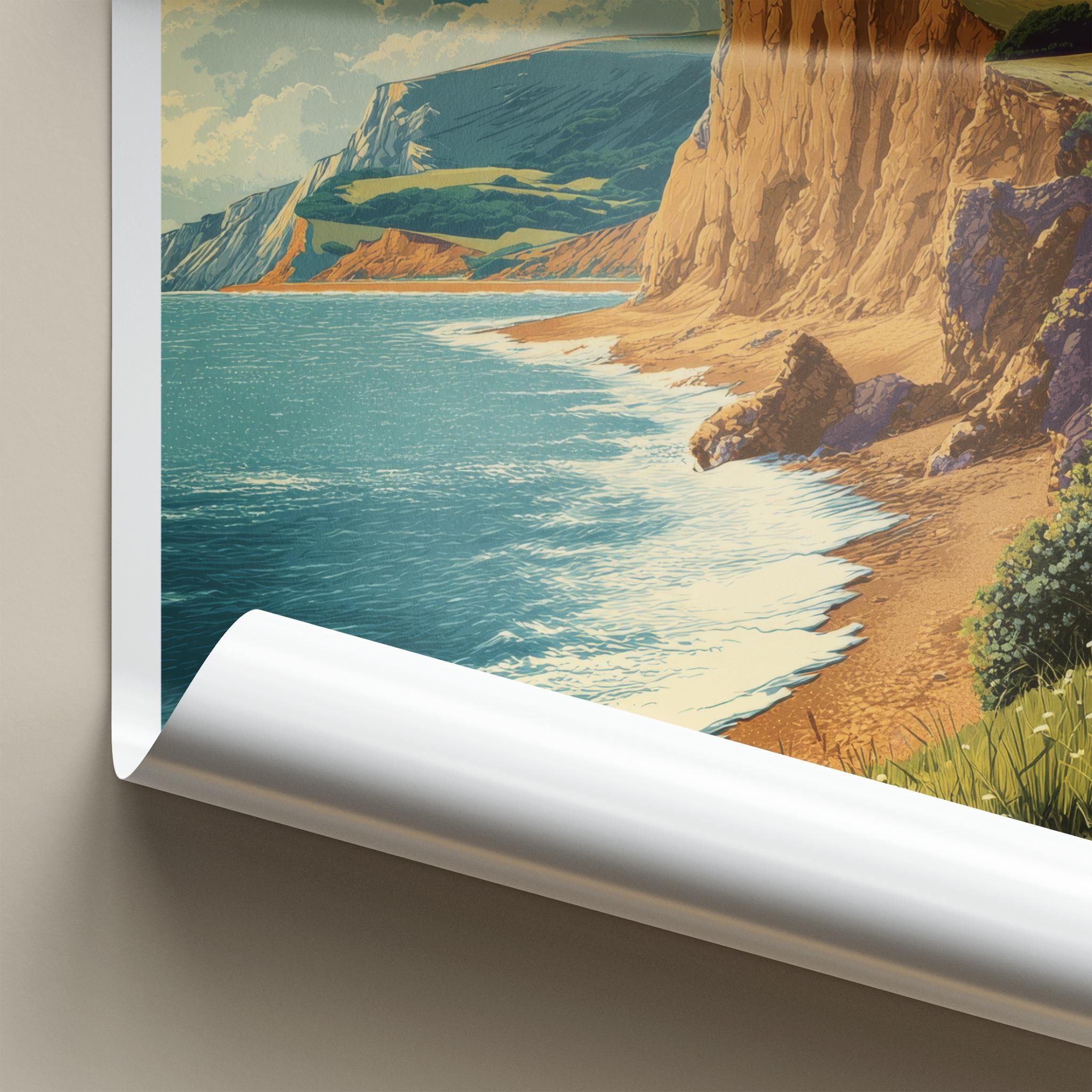 Seatown Poster - England Travel Print - Coastal Cliff Beach Lounge Decor