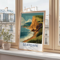 Seatown Poster - England Travel Print - Coastal Cliff Beach Lounge Decor