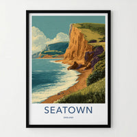 Seatown Poster - England Travel Print - Coastal Cliff Beach Lounge Decor