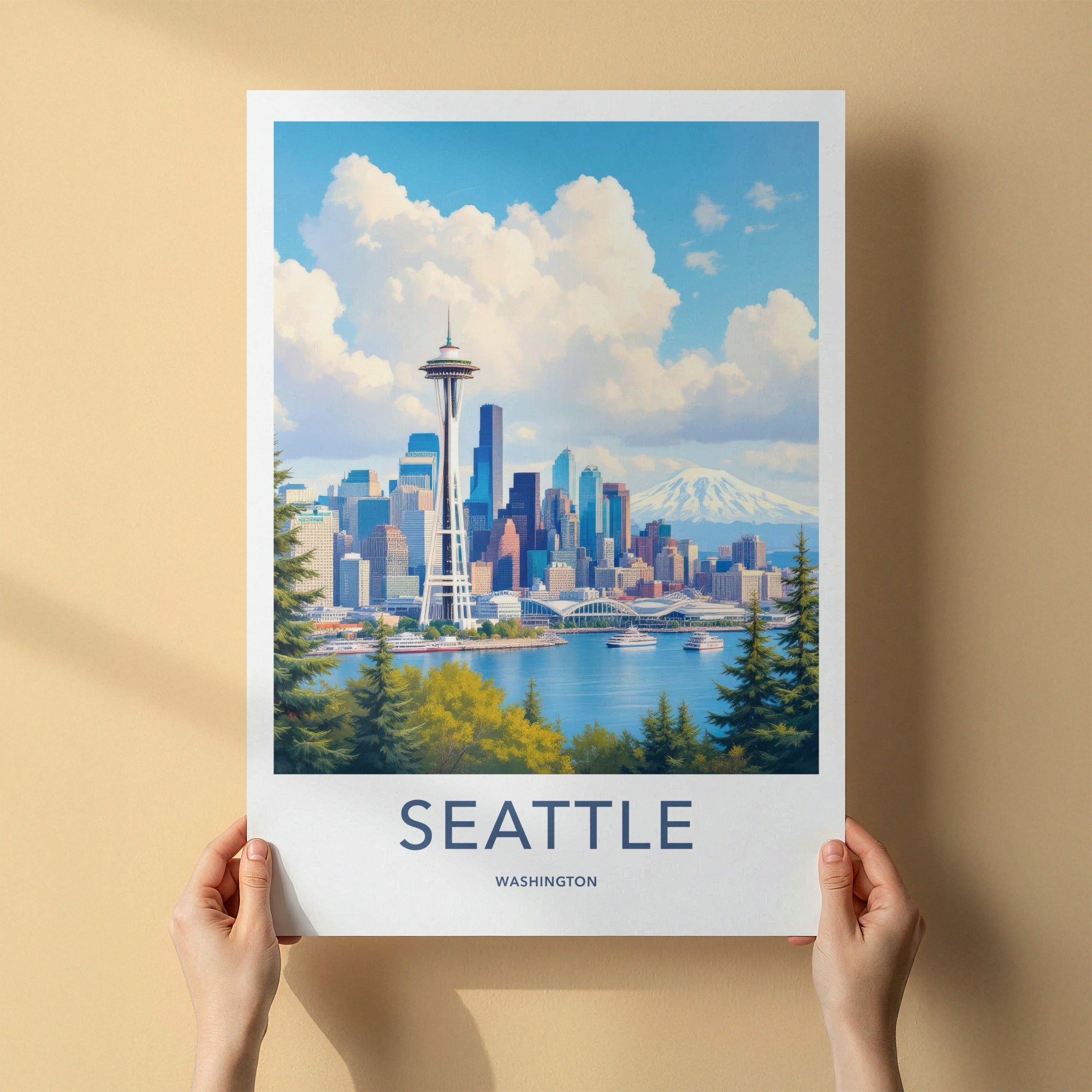 Seattle Poster - Washington Travel Art - Vibrant Cityscape Mountain Home Decor