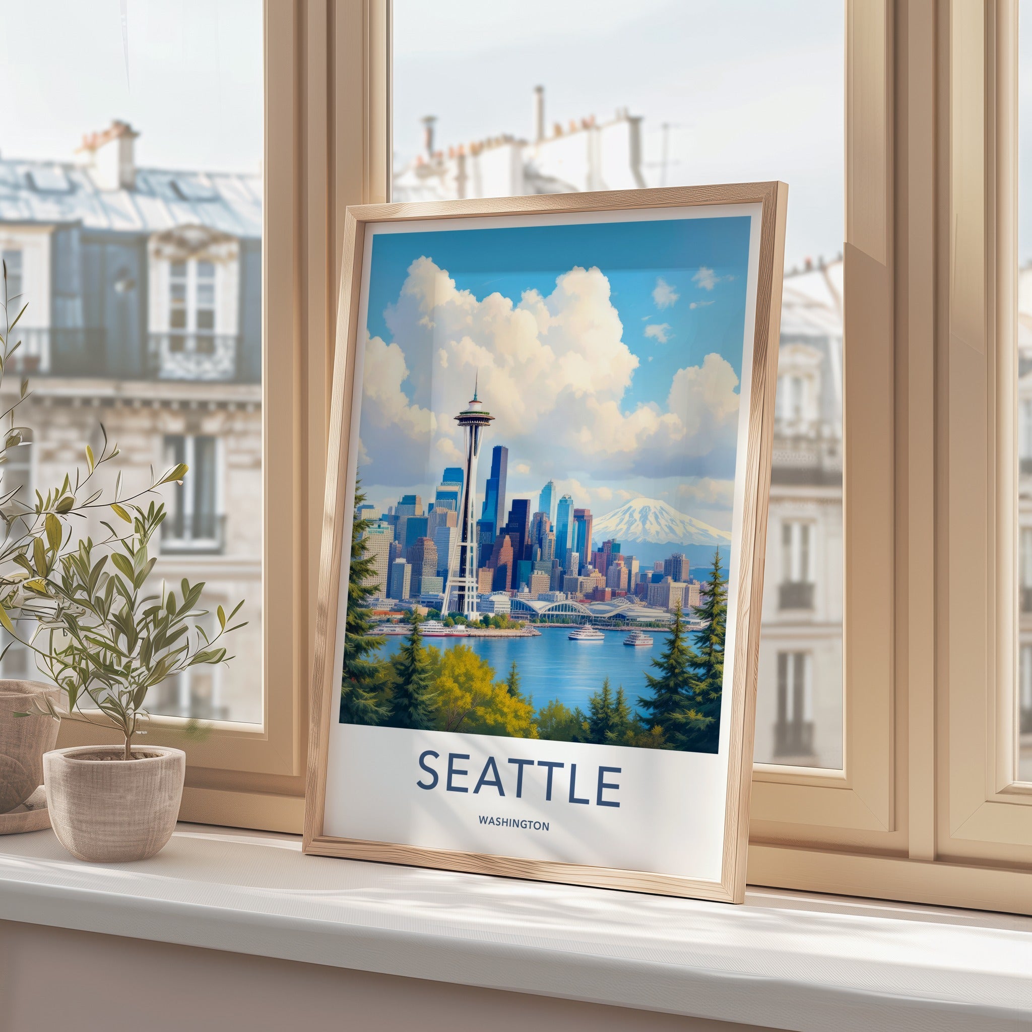 Seattle Poster - Washington Travel Art - Vibrant Cityscape Mountain Home Decor