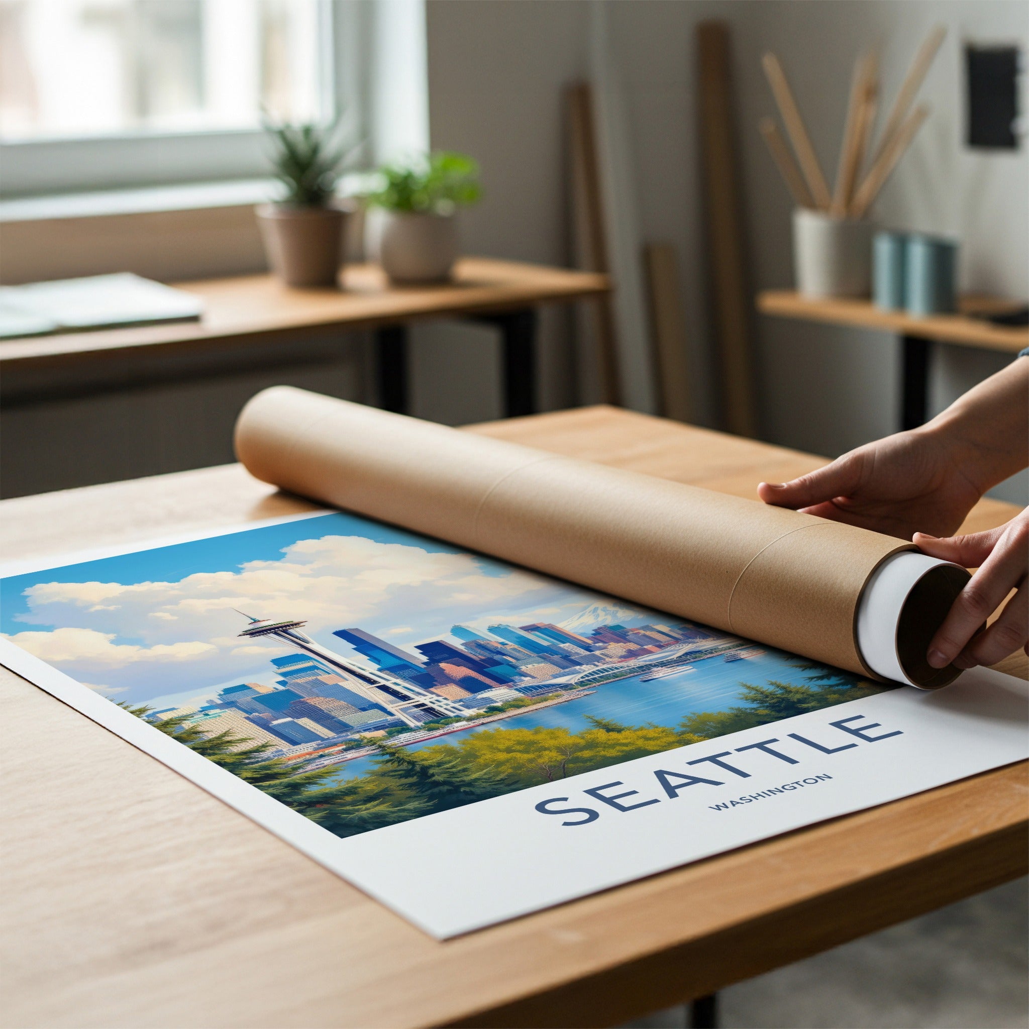 Seattle Poster - Washington Travel Art - Vibrant Cityscape Mountain Home Decor