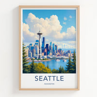 Seattle Poster - Washington Travel Art - Vibrant Cityscape Mountain Home Decor