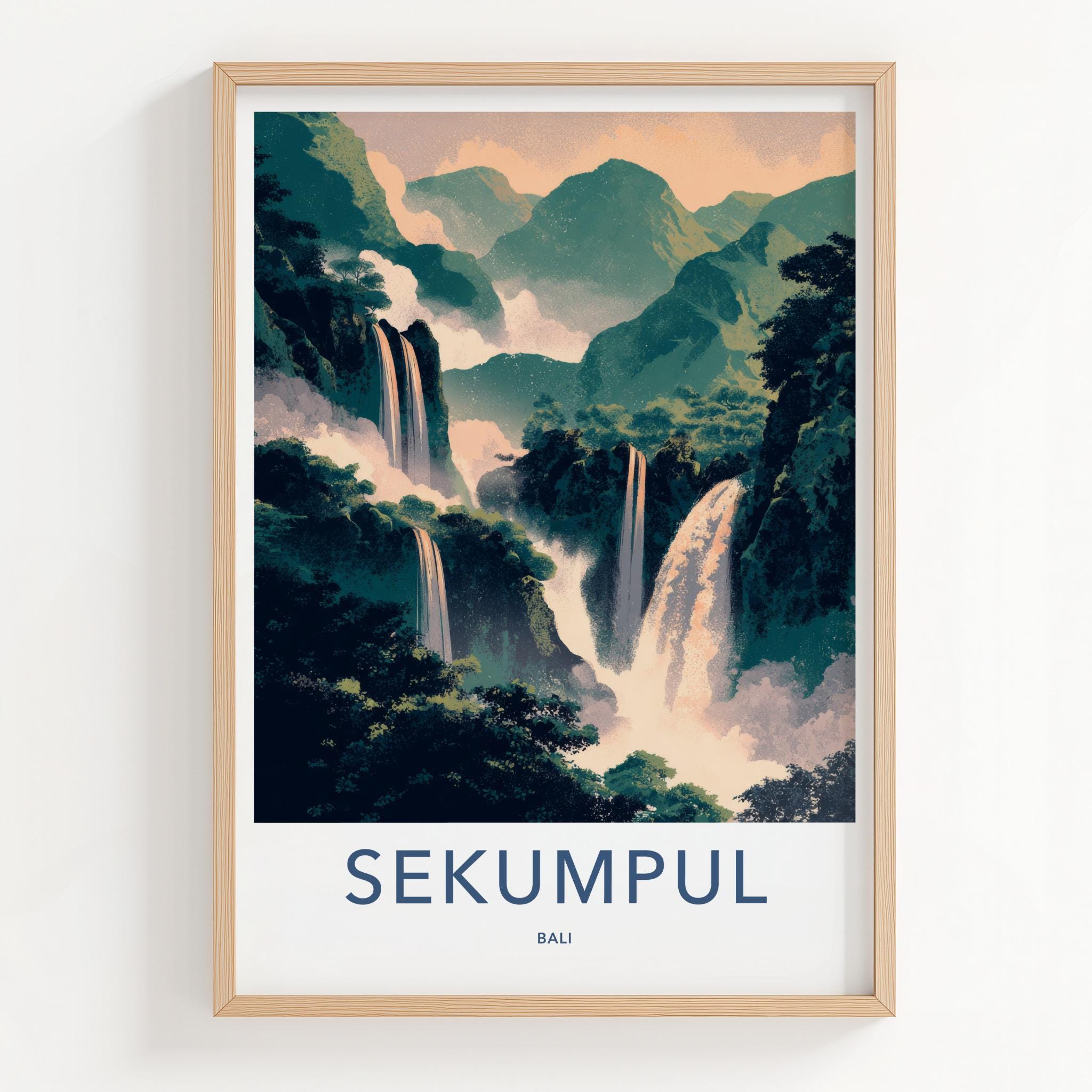 Sekumpul Poster - Indonesia Travel Art - Lush Mountain Waterfalls Wall Decor