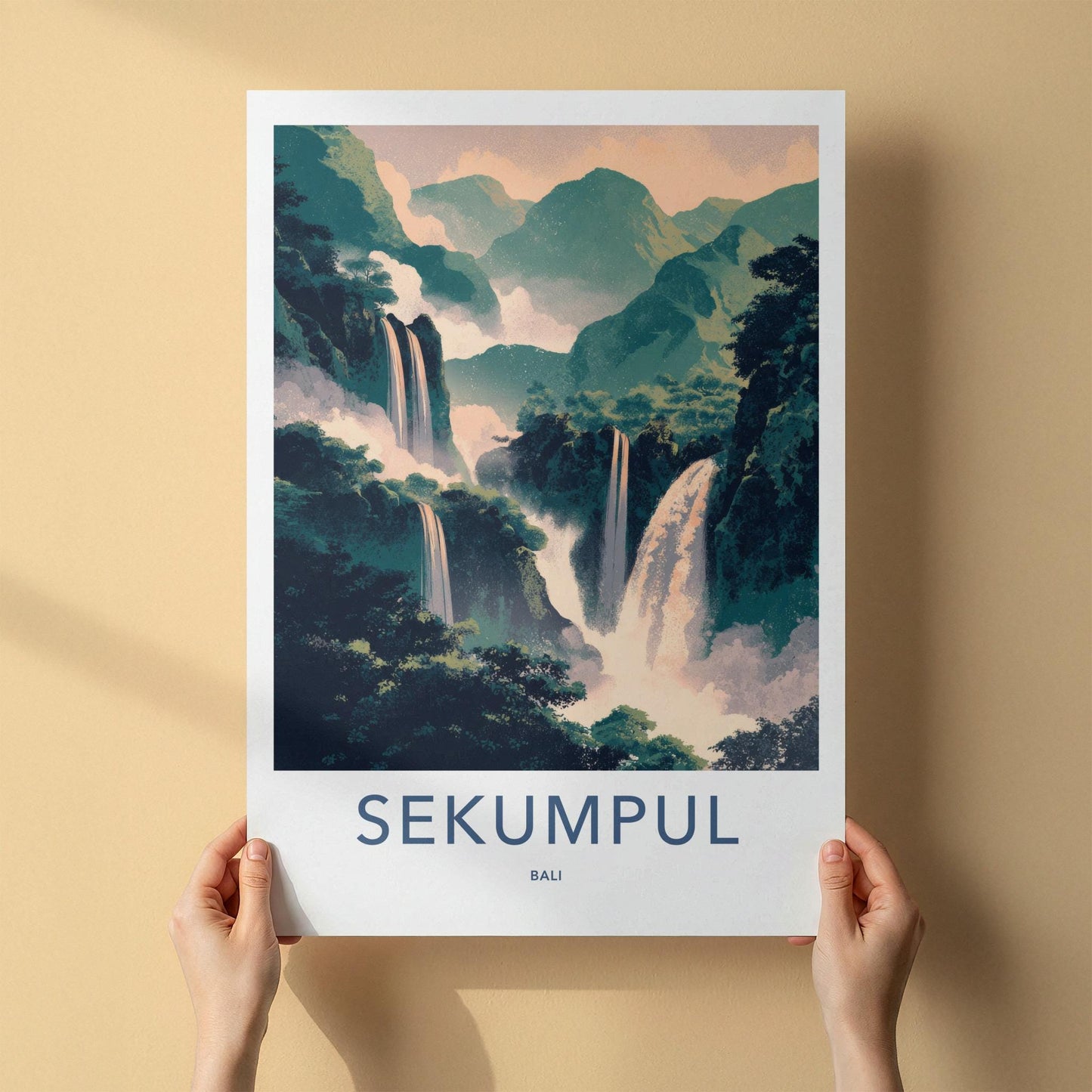 Sekumpul Poster - Indonesia Travel Art - Lush Mountain Waterfalls Wall Decor