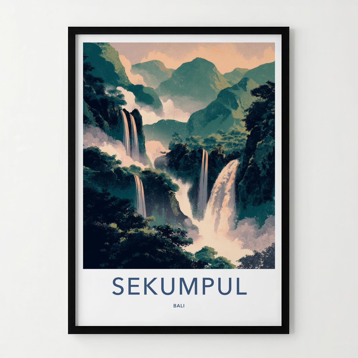 Sekumpul Poster - Indonesia Travel Art - Lush Mountain Waterfalls Wall Decor