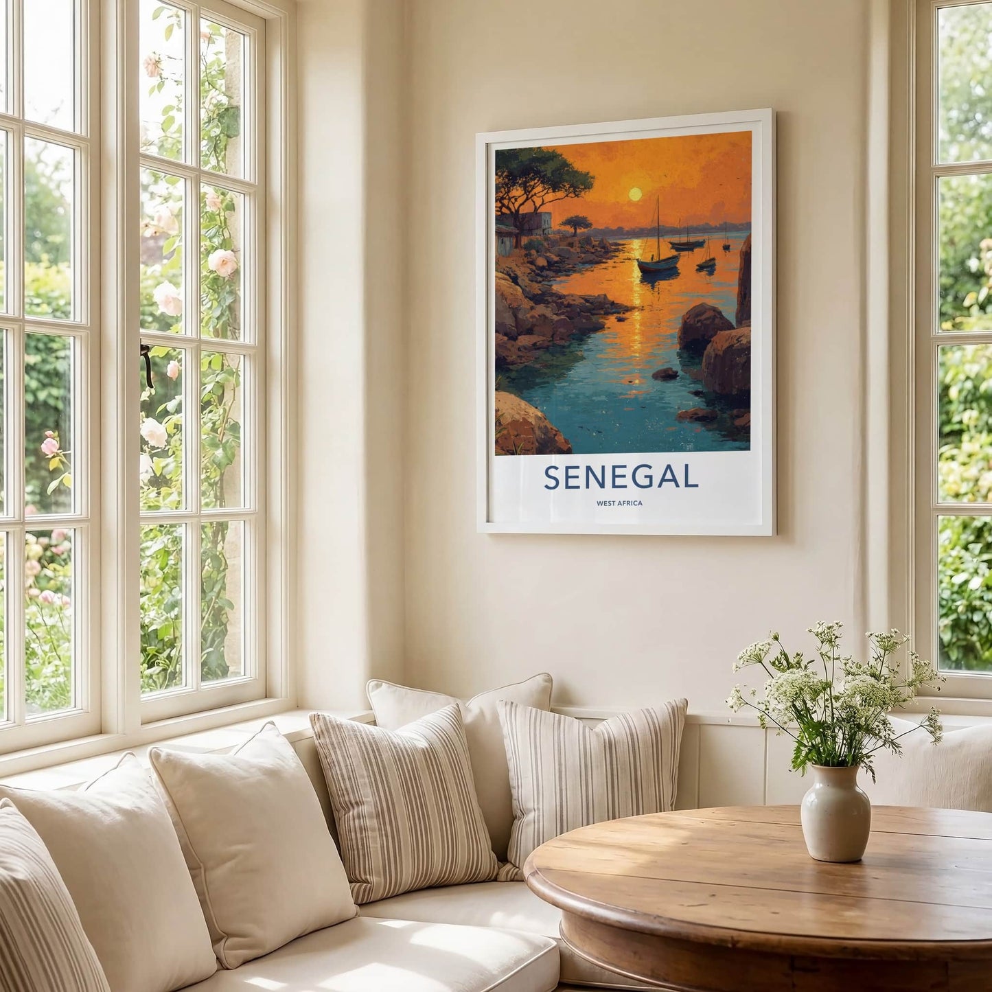 Senegal Poster - Africa Travel Art - Sunset Boats Rocky Home Decor