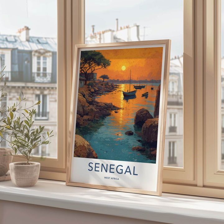 Senegal Poster - Africa Travel Art - Sunset Boats Rocky Home Decor