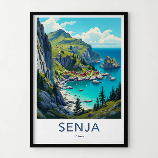 Senja Poster - Norway Fine Art - Coastal Red Houses Framed Decor