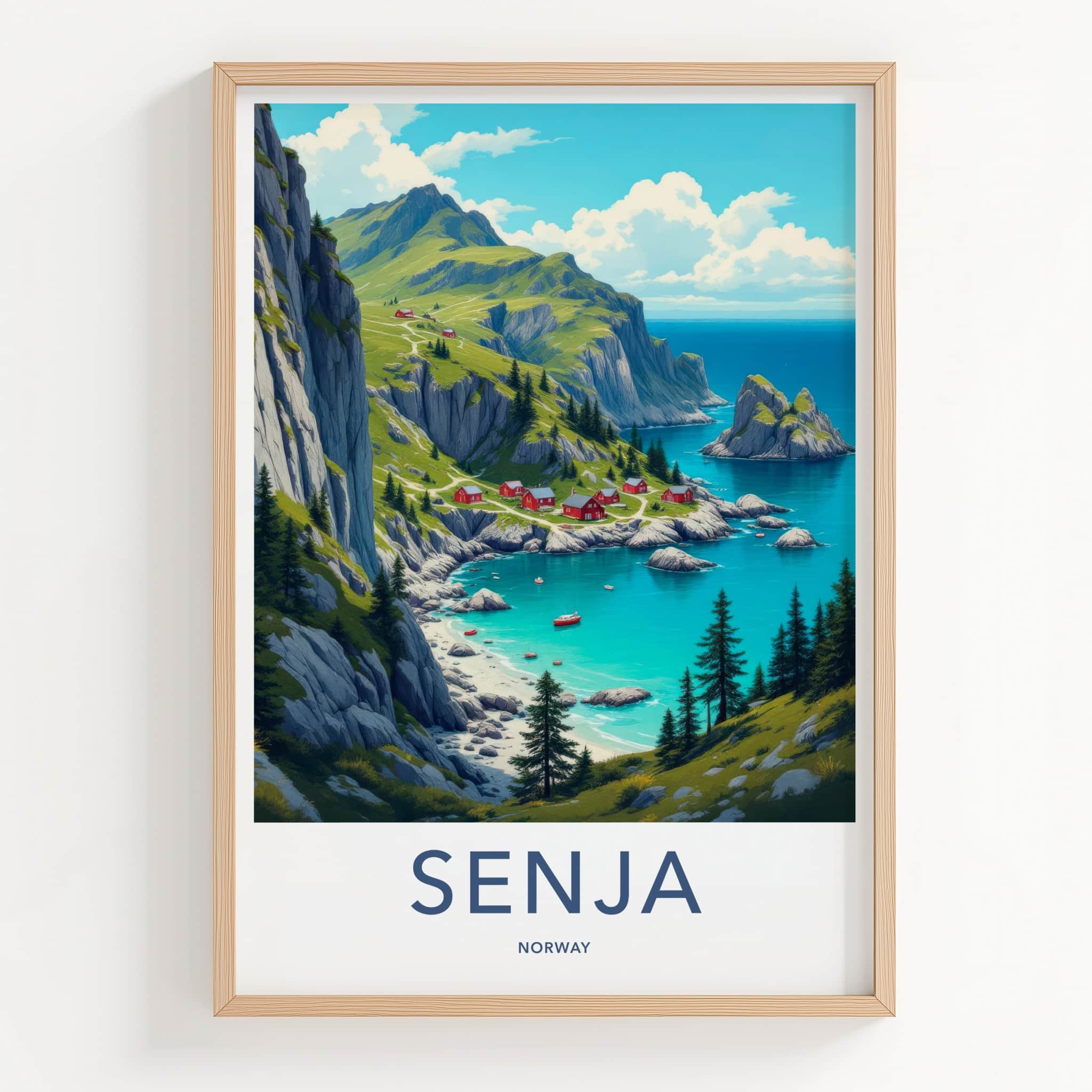 Senja Poster - Norway Fine Art - Coastal Red Houses Framed Decor