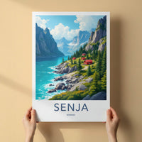 Senja Poster - Norway Travel Art - Fjord Mountain Redcabins Home Decor