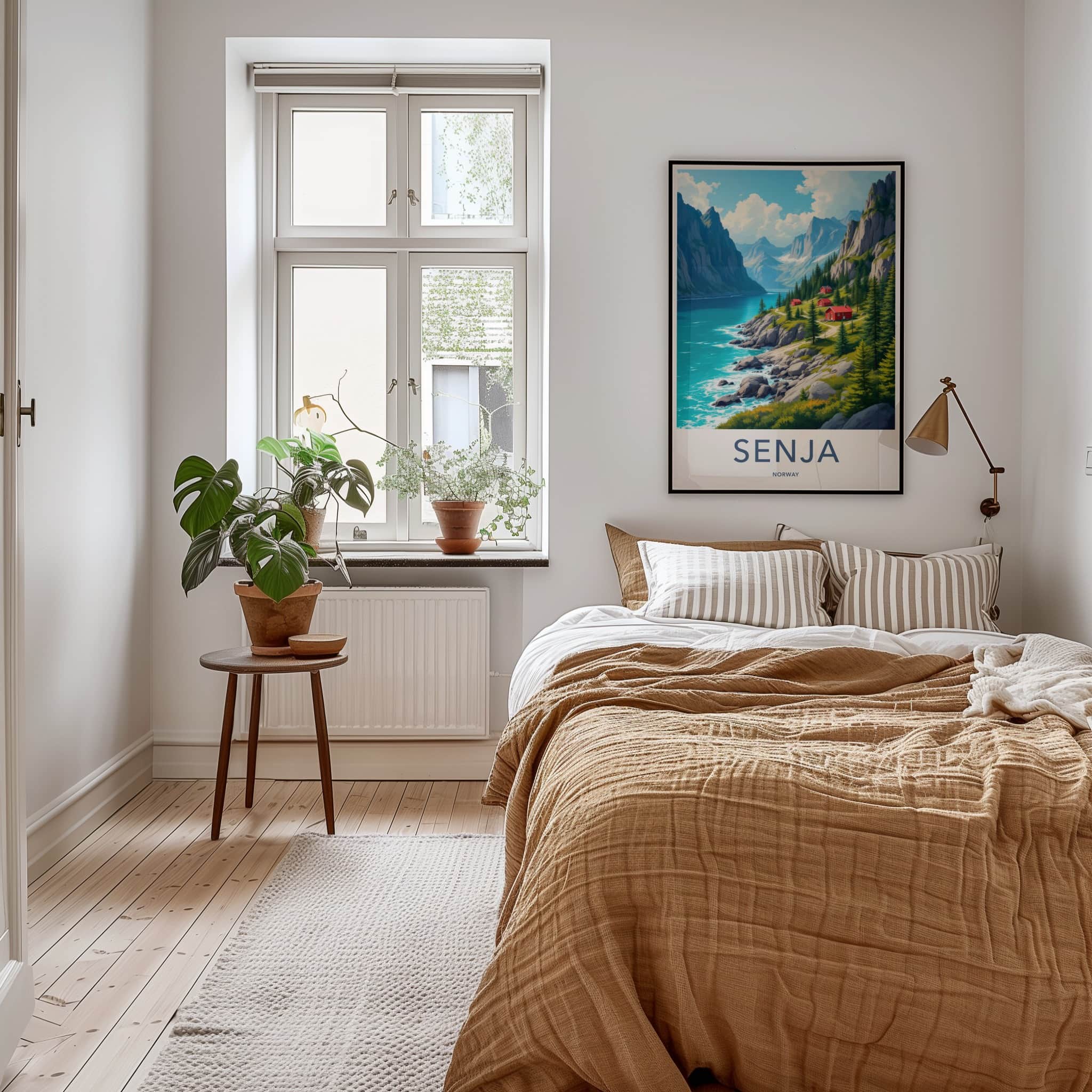 Senja Poster - Norway Travel Art - Fjord Mountain Redcabins Home Decor