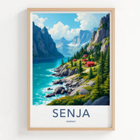 Senja Poster - Norway Travel Art - Fjord Mountain Redcabins Home Decor